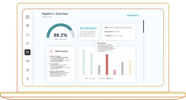 Automated candidate assessment report with strengths, weaknesses, risks, and next steps exported to ATS