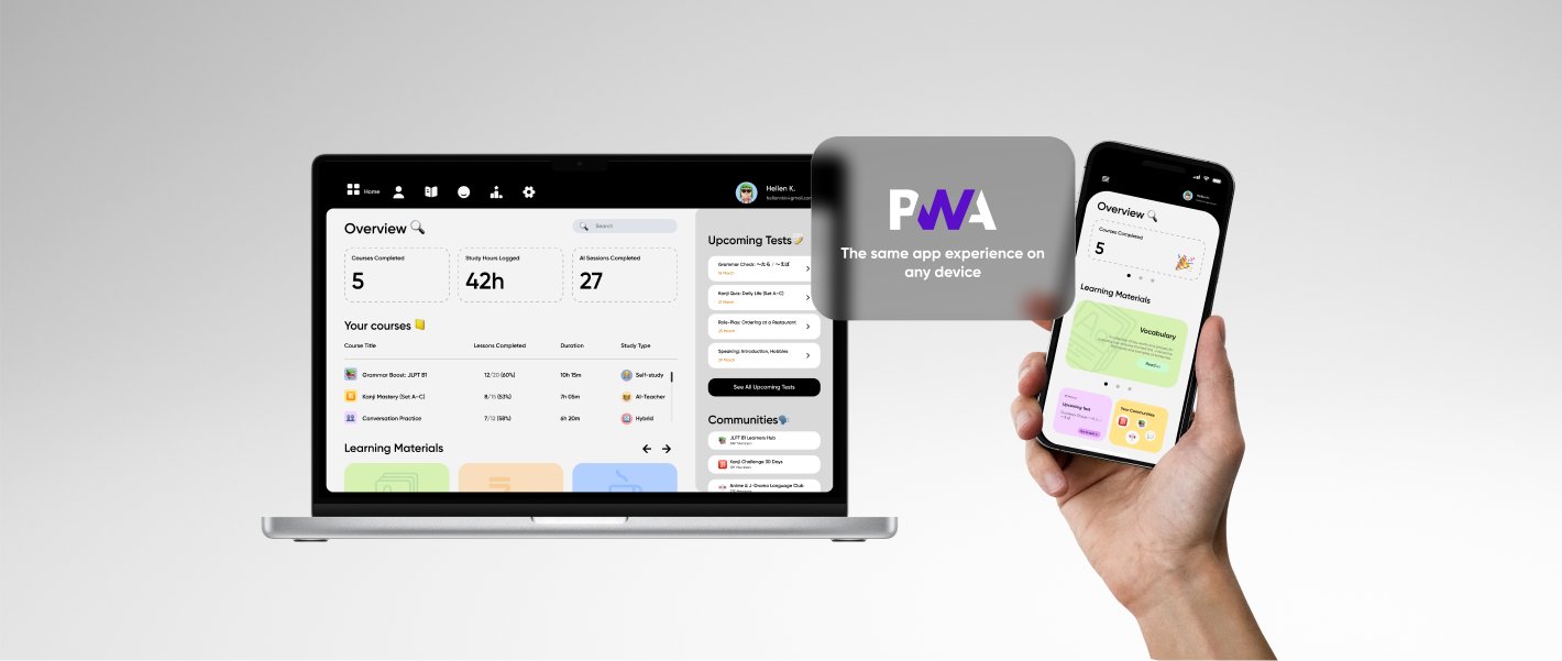 PWA EdTech learning platform interface on tablet and smartphone with AI-powered course progress tracking